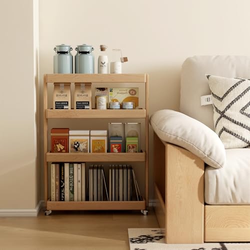 Small Narrow Side Table with Wheels, Skinny End Table for Small Spaces, 4 Tier Side Table for Living Room Bedroom(Natural, 7.87" D x 23.62" W x 31.89" H) - color: Natural, size: 7.87"D x 23.62"W