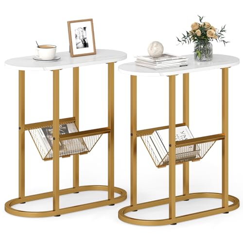 Tangkula Oval Narrow Side Table, 2-Tier End Table with Mesh Magazine Rack, Steel Frame, Industrial Nightstand, Compact Sofa Bedside Table for Living Room Bedroom, White & Gold - color: White & Gold
