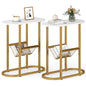 Tangkula Oval Narrow Side Table, 2-Tier End Table with Mesh Magazine Rack, Steel Frame, Industrial Nightstand, Compact Sofa Bedside Table for Living Room Bedroom, White & Gold - color: White & Gold