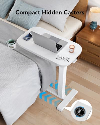 HUANUO 32Inch Bedside Table with Wheels, Height-Adjustable Rolling Computer Cart, Overbed Table with Cup Holder, Pneumatic Laptop Standing Desk for Home Office, White - color: White, size: Large-32 Inch