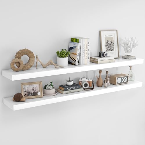 RICHFOCUS 72Inch Floating Shelves for Wall 2 Pack Shelves for Bedroom|Kitchen|Bathroom Wall Mounted Rustic Wood Floating Shelf with Invisible Brackets for Books|Storage|Decor, White - color: White, size: 72"L x 8"D, Set of 2