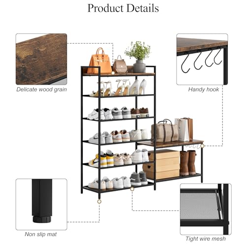 Shoe Rack Bench Storage Organizer for entryway,6-Tier Industrial Free Standing Shoe and Boot Racks with Seat,Entrance Shoe Rack Organizer Shelves for High Heels,Hallways, Closets,Brown,48.7in - size: 6 Tier-brown