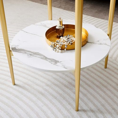 LumFurn Round Glass End Table, Mid-Century Modern Design Sofa Table for Living Room, D18 x H23 in, 2-Tier Structure, Clear Glass Top and White Marble Shelf, Sleek Conical Legs with Gold Finish Frame - color: Clear & White Marble, size: D18" Round End Tabl