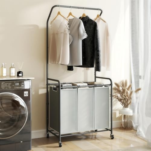 ROMOON Laundry Sorter Hamper with Hanging Bar, 3 Section Rolling Laundry Cart with Clothes Rack & Heavy-Duty Lockable Wheels, Divided Laundry Basket Organizer for Apartment & Small Spaces (135L Grey) - color: grey