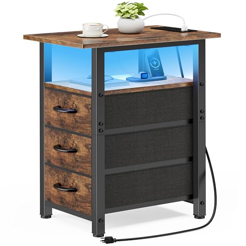 Vagusicc Nightstand with Charging Station and LED Lights, Narrow End Table, LED Night Stand with 3 Fabric Drawers for Bedroom, Small Bedside Table, Narrow Side Table for Small Spaces, Rustic Brown - color: Rustic Brown, size: 1, style: With Power & LED