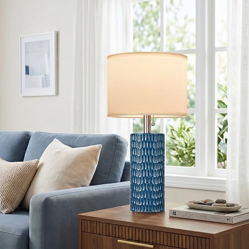 Reaketon Table Lamps for Living Room Set of 2, Ceramic Table Lamps for Bedroom, 20" Modern Lamps for Night Stands, Blue - color: Blue