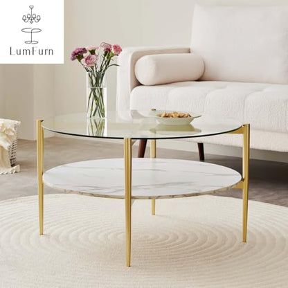 LumFurn Round Coffee Table for Living Room, Mid-Century Modern Design, D30 x H17, 2-Tier Structure, Clear Glass Top and White Marble Finish Wood Shelf, Sleek Conical Metal Legs with Gold Finish Frame - color: Clear & White Marble, size: D30" Round Coffee
