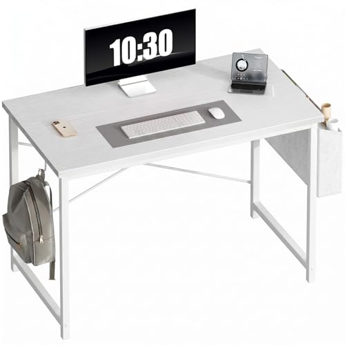 OLIXIS Computer Desk, 44 Inch Home Office Desks for Small Spaces, Writing Craft Study Gaming Table for Bedroom, Modern Computer Workstation with Storage Bag and Headphone Hook, White - color: White, size: 44 Inch with Hook