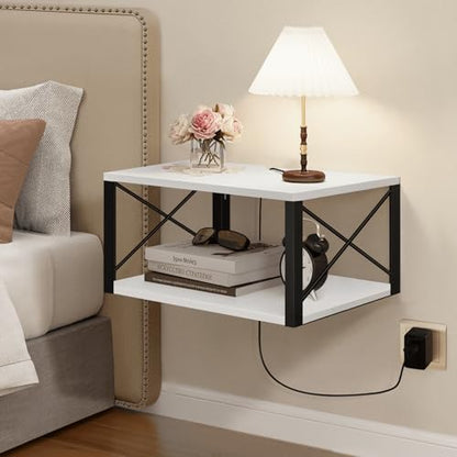 Homode Floating Night Stand, Modern Bedside Shelf Wall Mount, Wood Hanging Nightstand with Wire Hole, Floating Side Table for Bedroom Bathroom Living Room Small Places, White - color: White