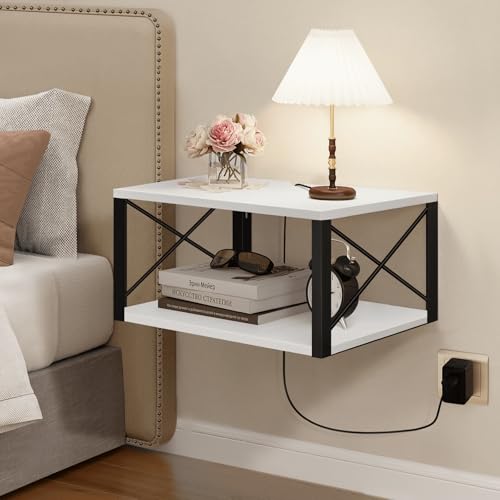 Homode Floating Night Stand, Modern Bedside Shelf Wall Mount, Wood Hanging Nightstand with Wire Hole, Floating Side Table for Bedroom Bathroom Living Room Small Places, White - color: White