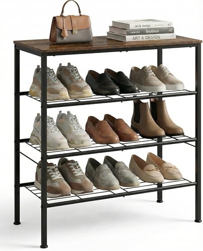 4-Tier Shoe Rack for Entryway, Bedroom & Living Room – Sturdy Shoe Storage Organizer with Adjustable Leveling Feet, Compact Design (26.9”x11.8”x25.1”), Rustic Brown - color: Rustic Brown, size: (4T Brown)26.9”x 11.8” x 25.1”