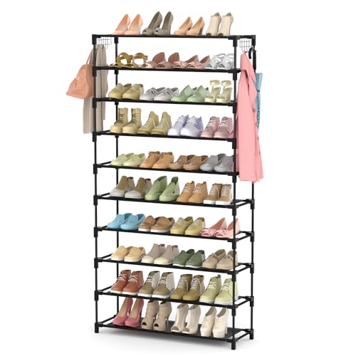 LANTEFUL 10 Tiers Shoe Rack 50 Pairs Large Capacity Tall Shoe Organizer Sturdy Shoe Storage with Two Hooks Space Saving Metal Wide Shoe Rack for Closet, Entryway, Bedroom, Black - color: Black, size: 10 Tier-61.2" High-34" Wide
