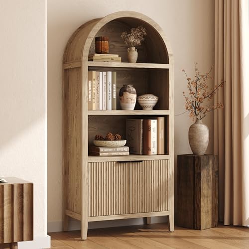 Yusong 71" Tall Arched Bookcase, 5-Tier Arched Bookshelf, Arch Cabinet Display Cabinet with Fluted Doors and Shelves, Modern Farmhouse Kitchen Pantry for Living Room Bedroom, Nature - color: Nature, size: 71" H