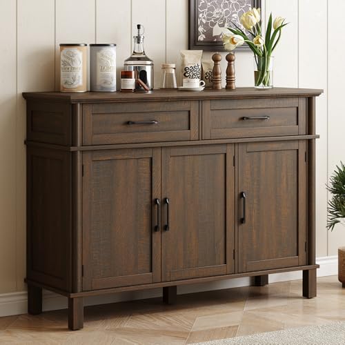 ONBRILL 48 Inch Buffet Cabinet with Storage, Farmhouse Sideboard Buffet w/2 Drawers and 3 Doors, Wood Coffee Bar Cabinet with Adjustable Shelves, Sideboard Storage for Kitchen, Living Room, Brown - color: Brown, size: 48 Inch