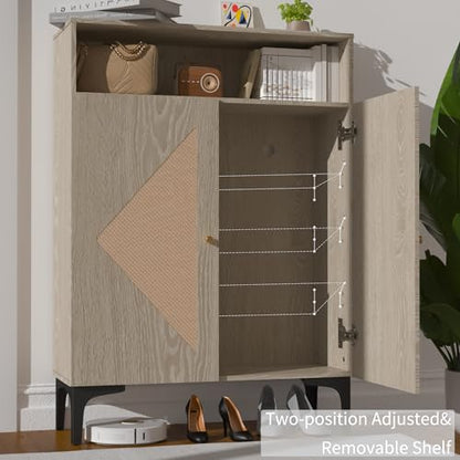 Shoe Cabinet Storage for entryway, Rattan Shoe Cabinet with Double Doors, 3 Adjustable Shelves, Slim Modern Shoe Organizer Cabinet with Open top Shelf and Metal Legs