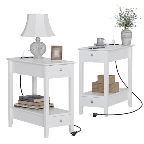 Treocho End Tables Living Room Set of 2 with Charging Station and 2 Drawers | Narrow Side Table with Ample Storage, Sofa Bedside Table for Small Spaces, Living Room, Bedroom, White - color: White