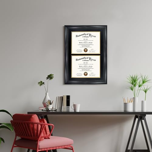 GMFrames Double 8.5x11 Diploma Certificate Frame, Solid Wood & Tempered Glass, Cherry Lacquer Finish & Intricate Rope Detail, Black over Gold Mat - color: Black, size: 14x20 for Double 8.5x11