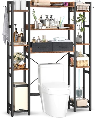 Besiost Over The Toilet Storage, 11 Tier Bathroom Organizer with Dual Side Racks and 2 Fabric Drawers, Adjustable Freestanding Rack Space Saver for Small Spaces, Rustic Brown - color: Rustic Brown, size: 39"W