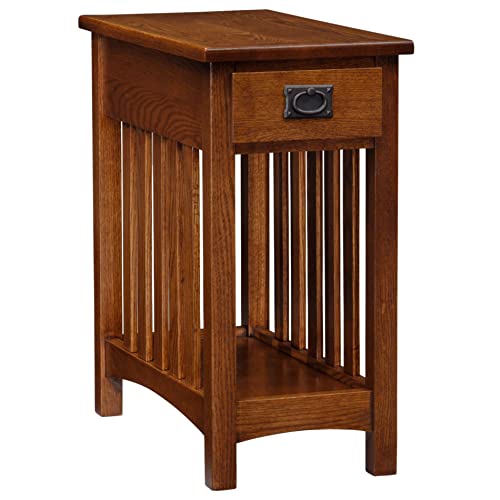 Leick Home Mission End Table, Solid Wood, 1 Storage Drawer, Bottom Display Shelf, Narrow, Slatted Sides, Easy-Assembly, Medium Oak, 22.5 in L x 12 in W x 24 in H, 8202 - color: Medium Oak / Blackened