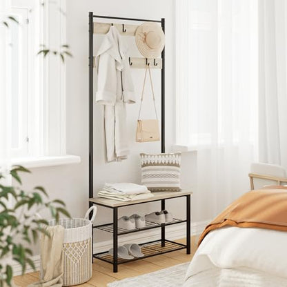 Hall Tree with Bench and Shoe Storage, 3-in-1 Coat Rack, Freestanding Wooden Coat Rack with Shoe Bench with Metal Frame, 3-Tier Storage Shelf and 9 Removable Hooks, Greige - color: Greige