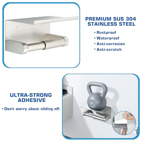 Alise Toilet Paper Holder,Double Post Paper Holder SUS304 Stainless Steel Toilet Paper Roll Holder with Shelf Spring Loaded Tissue Holder (Adhesive or Screw),Brushed Nickel - color: Brushed Nickel, size: with Shelf