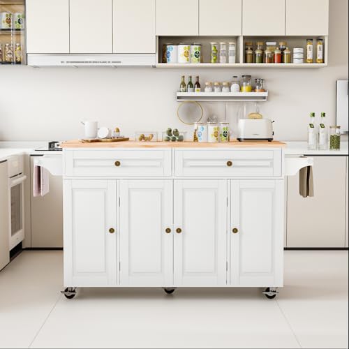 Kitchen Island Cart with Storage on Wheels, 59" Large Rolling Kitchen Island with Drop Leaf, Mobile Island for Kitchen with Towel Rack, Drawers for Dining Room, White - size: 59.3" W, style: White