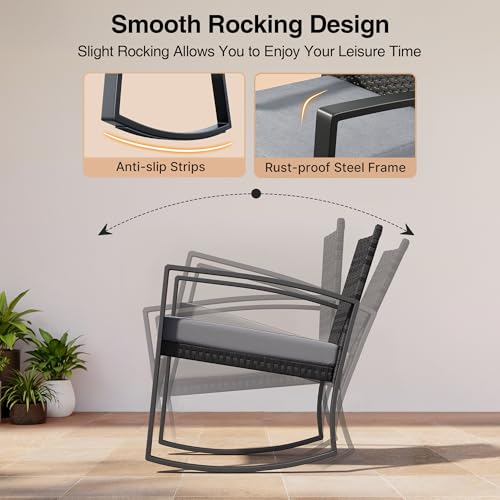 Qsun 3 Pieces Patio Furniture Set Rocking Bistro Set Outdoor Rattan Conversation with Coffee Table for Garden Balcony Backyard Poolside (Grey Cushion) - color: Grey