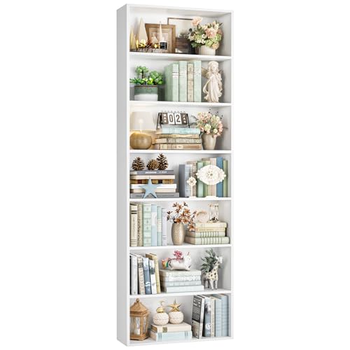 82" Tall Bookshelf White Bookcase, 7-Tier Open Display Shelves | Extra Tall Bookcase with Storage, Floor to Ceiling Bookshelves, Narrow Bookshelf Home Decor Furniture for Office, Living Room - color: White