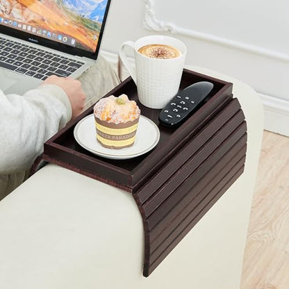 GEHE Bamboo Sofa Arm Tray, Foldable Couch Arm Tray Side Table, Anti-Falling Armrest Tables Cup Holder for Snacks, Drinks, Beers, Phone, Control, Flexible and Portable, Anti-Slip - color: Mahogany