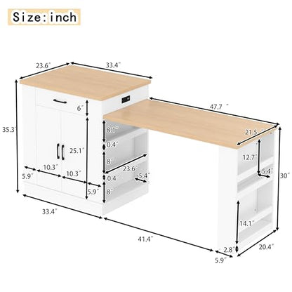 Bellemave Kitchen Island with Extendable Dining Table, 80.7" Kitchen Storage Islands with Double-Door Cabinet, Power Outlet, 2 Drawers & 2 Open Shelves, Temporary Breakfast Bar (White/80.7") - size: 80.7 Inch, style: White 2 Cabinet