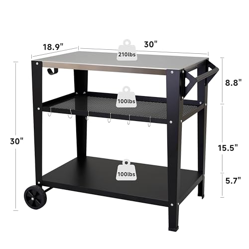 LEETOLLA Stainless Steel Outdoor Grill Cart with Wheels, Heavy-Duty 3-Tier BBQ Prep Table for Pizza Oven, Griddle, Patio – Rustproof Commercial Kitchen Cart with Tool Hooks - color: 304 Stainless Steel
