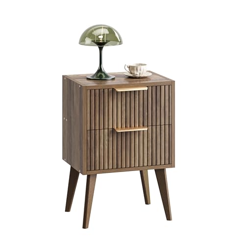 YAUKOMEL Mid Century Modern Nightstand,Small Bedside Table with 2 Drawers,Fluted Side Table,Walnut Brown End Table for Living Room,Bedroom,Small Space,Caramel Oak 11.8" D x 15.7" W x 22.8" H CTG55BR - color: Caramel Oak, style: Fluted Style