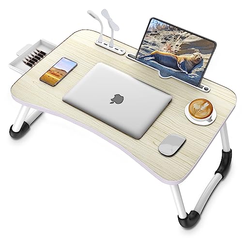 Zapuno Laptop Lap Desk, Foldable Laptop Table Tray with 4 USB Ports Storage Drawer and Cup Holder, Lap Bed Desk Notebook Stand Laptray Portable Standing Table for Bed Couch Floor - color: Maple