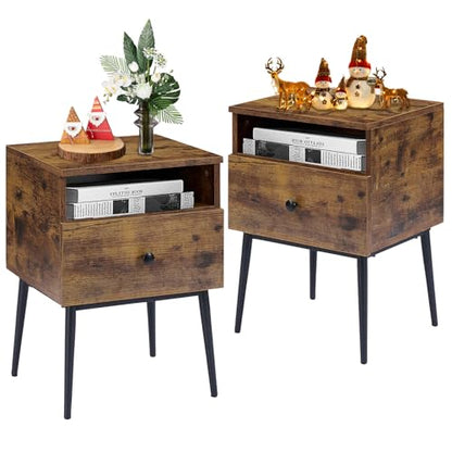 VECELO Modern Nightstands Set of 2,Square End Side Table with Drawer and Storage Space for Bedroom and Living Room - color: Antique Brown（2 Sets）