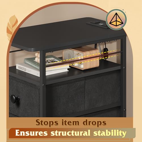 WLIVE Narrow Side Table with Charging Station, End Table with LED Lights,3 Fabric Drawers and Open Shelf, Bed Side Tables Living Room, Small Spaces, Bedroom, Black - color: Black, size: 3 Drawers