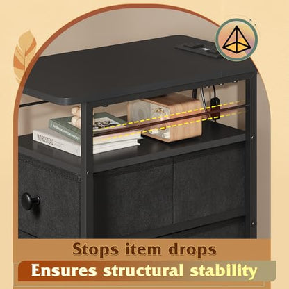 WLIVE Narrow Side Table with Charging Station, End Table with LED Lights,3 Fabric Drawers and Open Shelf, Bed Side Tables Living Room, Small Spaces, Bedroom, Black - color: Black, size: 3 Drawers
