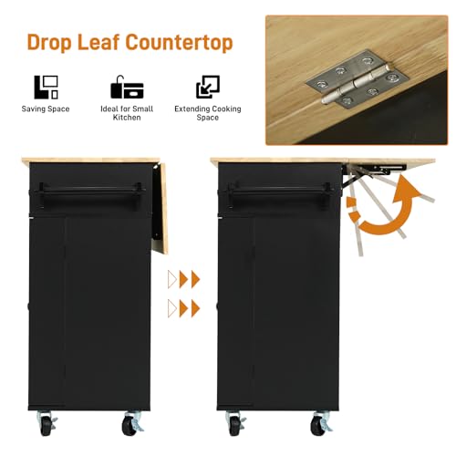 Squireewo 55" Kitchen Cart with Wood Top and Drop Leaf Breakfast Bar, Rolling Mobile Kitchen Island Table on Wheels with Drawer and Storage Cabinet, Spice Rack, Towel Rack, Black - size: 55"W