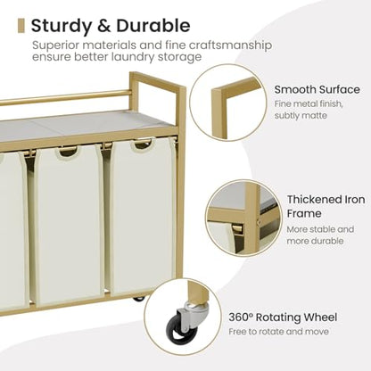 SwaaVee Laundry Sorter, Laundry Hamper 3 Section, 3×11.4Gal, Metal Frame Rolling Laundry Basket with Wooden Top Shelf, Pull out and Removable Laundry Bags, 3 Bags-Golden - color: Gold