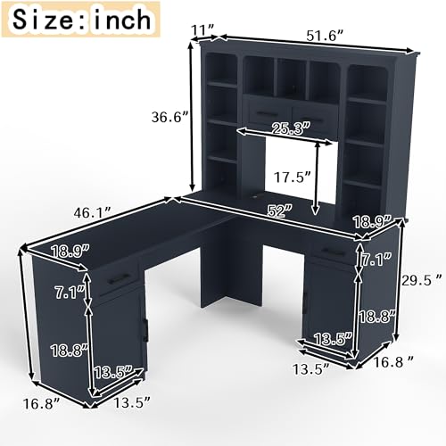 Bellemave L-Shaped Computer Desk with Drawers, Hutch and Bookshelf, Home Office Desk, Corner Gaming Computer Desk with Power Outlet, Study Table Writing Desk, Antique Blue - color: Antique Blue