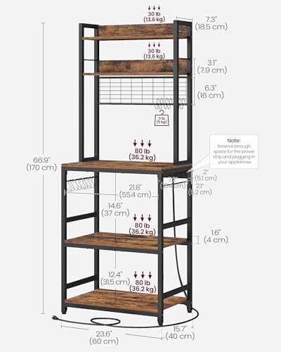 VASAGLE Bakers Rack with Power Outlet, Microwave Stand, Kitchen Tall Utility Storage Shelf, with Metal Wire Panel, 14 Hooks, 15.7 x 23.6 x 66.9 Inches, Rustic Brown and Ink Black UKKS037B01 - color: Rustic Brown + Ink Black, size: 23.6"W