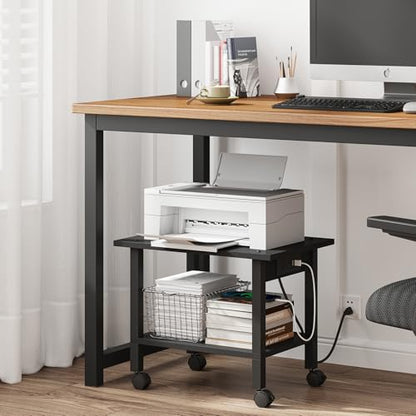 TUTOTAK Printer Stand, 2 Tier Rolling Printer Cart with Charging Station | Small Under Desk Printer Table with Wheels for Small Space, Office, Home, Black PS01BK001P - color: Black, size: 2 tier(18.9 x 11.8 x 15.4inchs)