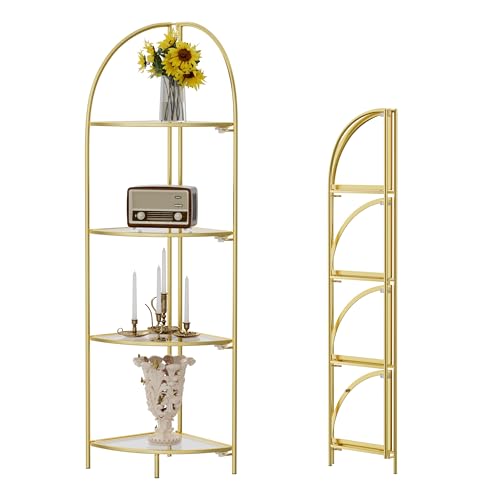 Crofy 4-Tier Foldable Corner Shelf, Metal Gold Frame & Transparent Shelves | Corner Plant Stand, Corner Display Rack, Multipurpose Shelving Unit for Living Room, Bedroom and Bathroom - color: Gold Frame & Transparent Shelf, size: 4 Tier