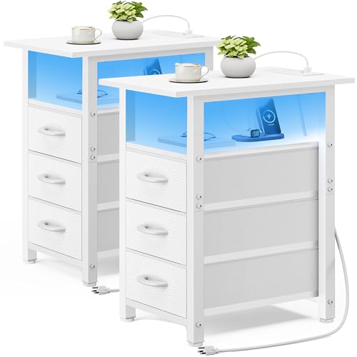 Vagusicc Set of 2 White Nightstand with Charging Station and LED Lights, Narrow End Table, LED Night Stand with 3 Fabric Drawers for Bedroom, Small Bedside Table, Narrow Side Table for Small Spaces - color: White, size: 2, style: With Power & LED