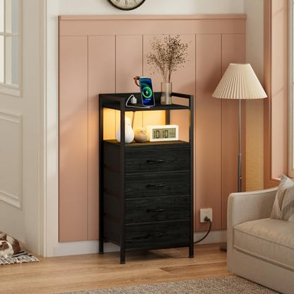 Furnulem Night Stand with Charging Station, Black Nightstand with Drawers and Led Light, Tall Dresser for Bedroom, Bedside Table with Fabric Storage Bins, Metal Frame, Wood Furniture - color: Black Oak