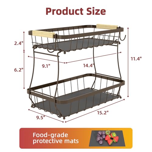 Sevenblue 2-Tier Fruit Basket with Banana Hangers, Detachable Metal Bowl | Wooden handle, protective mats included. Versatile holder for bread, snacks, and veggies. Extra Large 2 tier metal design. - color: Brown, size: 2 Tier Extra Large