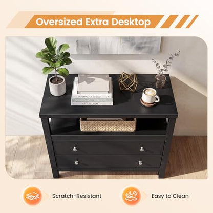 28 Inch Wide Night Stand, Black Nightstand with 2 Drawers and Open Shelf | Bedside Table Storage End Tables for Bedroom Study Office, Modern Solid Wood Dresser with Zinnc Alloy Pulls