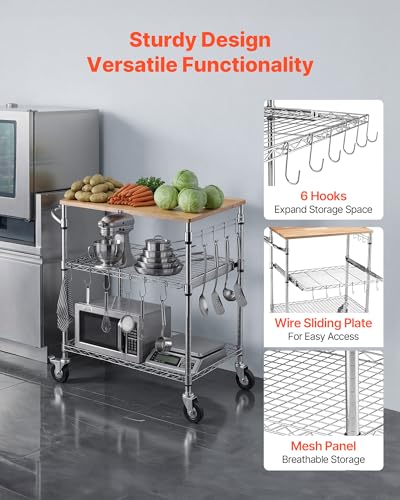 VEVOR Kitchen Utility Cart, 3 Tier Heavy Duty Adjustable Wire Storage Rack with Wood Tabletop and Handle Bar, Rolling Portable Service Trolley on Wheels, 661 lbs Steel Work Table, 30x18x36 in - size: 18"D x 30"W x 36"H Table top