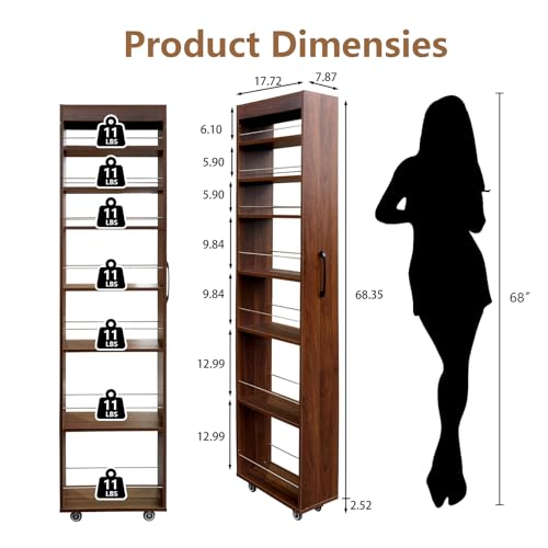 7-Tier Slim Mobile Shelving Cart with Wheels, Rolling Pantry with 7 Racks, Narrow Pull-Out Utility Cart, Space Saving Storage Organizer Carts for Kitchen Living Room Bathroom Narrow Spaces, Walnut - size: Walnut & 7.87"D x 17.72"W x 70.87"H