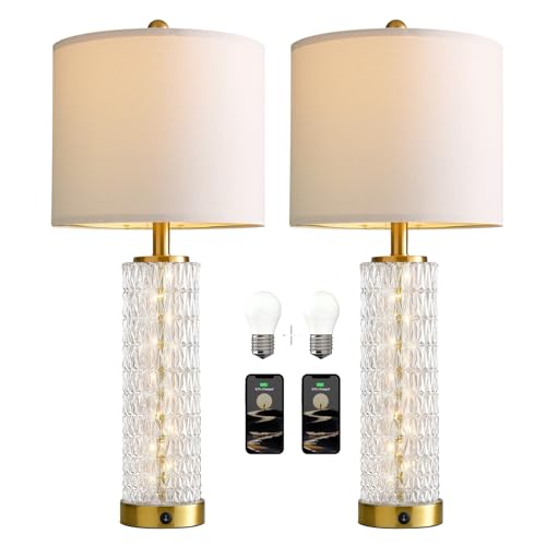 Oneach 27.75” Table Lamps Set of 2, Gold Modern Bedside Lamp with LED Night Light, USB A+C, Glass Lamps for Living Room, Bedroom, Nightstand, Office, End Table (2 Bulbs Included) - color: Gold - White Shade