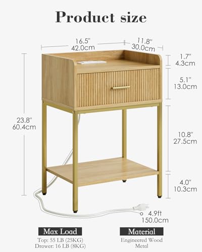 Nightstand with Charging Station, 3-Tier Bed Side Table, Small End Table, Night Standwith Open Shelf and Drawer, Bedside Table for Bedroom, Living Room, Oak - color: Oak, style: With Charging Station